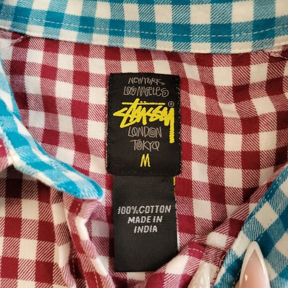 Stussy checkard maroon and white long sleeve button up rainbow shirt size Medium - Picture 3 of 6